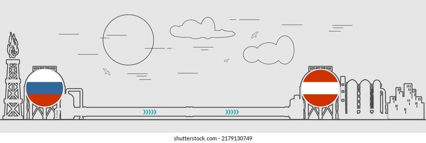 Transporte de gas natural y petróleo de Rusia a Austria. Estera de gas, planta química, depósito de tanques y tubería.