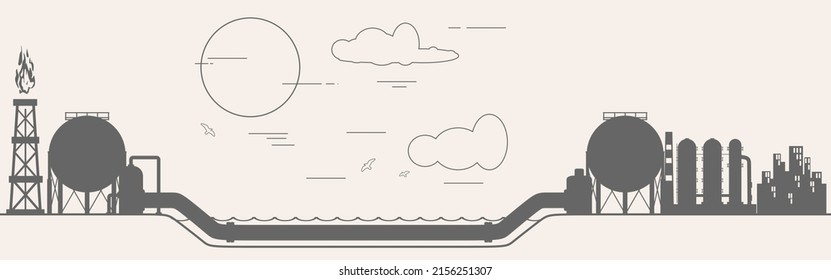 Natural Gas And Oil Underwater Transit Concept. Gas Rig, Chemical Plant, Tank Storage And Pipe.