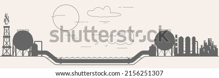 Natural gas and oil underwater transit concept. Gas rig, chemical plant, tank storage and pipe.