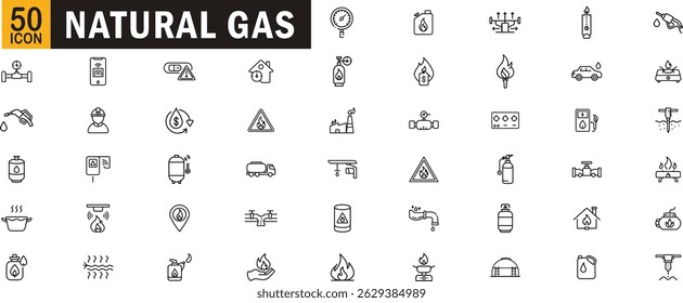 Natural gas outline icon set. Energy, fuel, gas pipeline, flame, LPG, heating, refinery, drilling, and gas industry symbols.
