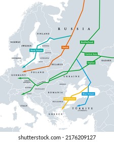 Natural gas pipelines from Russia to Europe, political map. Existing major pipelines, shown in different colors. Nord Stream, Yamal, Brotherhood, Central Asia, Soyouz, Blue Stream and Turkstream.