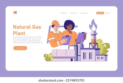 Natural Gas Plant concept. Workers at a gas facility overseeing operations. Clean energy production, industrial scene with a fiery flare. Vector illustration.