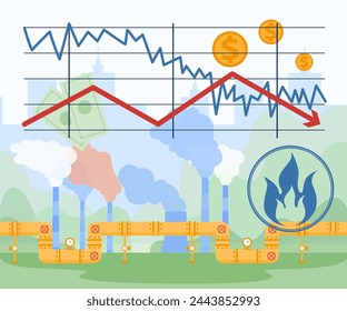 Natural gas price falling chart vector illustration. Reduced prices for natural resources, fuel, oil concept. Pipelines and factories on background