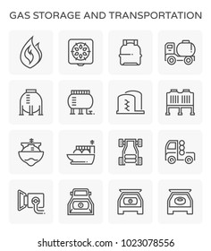 Natural gas storage tank and transportation vector icon. Including flame, refuel, truck and tanker. Natural gas divided to NGV and CNG for vehicle, Lpg for cooking, Lng for transport via LNG tanker.