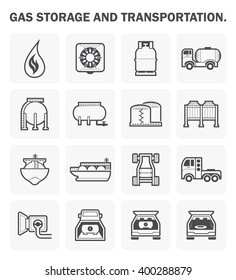 Natural gas storage tank and transportation vector icon. Including flame, refuel, truck and tanker. Natural gas divided to NGV and CNG for vehicle, Lpg for cooking, Lng for transport via LNG tanker.