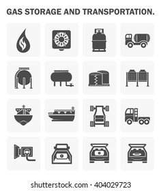 Natural gas storage tank and transportation vector icon. Including flame, refuel, truck and tanker. Natural gas divided to NGV and CNG for vehicle, Lpg for cooking, Lng for transport via LNG tanker.