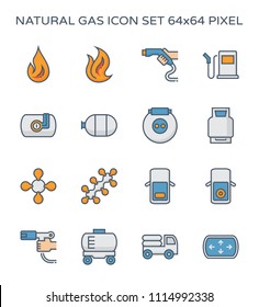 Natural gas vector icon. Including flame, refuel service, storage tank, molecular and transportation. Natural gas divided to NGV and CNG for vehicle, Lpg for cooking, Lng for transport via LNG tanker.