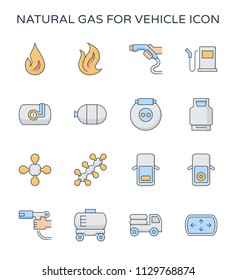 Natural gas vector icon. Including flame, refuel service, storage tank, molecular and transportation. Natural gas divided to NGV and CNG for vehicle, Lpg for cooking, Lng for transport via LNG tanker.