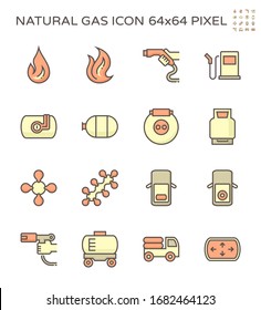 Diseño de conjunto de iconos de vectores de vehículos y gas natural, trazo perfecto y editable de 64x64 píxeles.