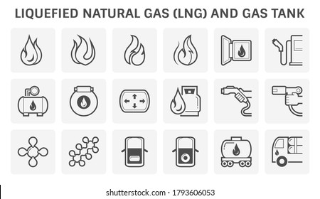Natural gas vector icon. Including flame, refuel service, storage tank, molecular and transportation. Natural gas divided to NGV and CNG for vehicle, Lpg for cooking, Lng for transport via LNG tanker.