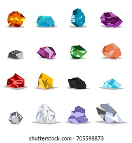 Natural Gemstones, Metals And Crystals: Gold, Silver, Diamonds And Other. Vector Icon Set Of Raw Minerals For Jewelry Isolated On White Background.