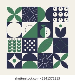 Natural geometric pattern. Abstract mosaic fruit leaf plant shapes, minimal floral eco agriculture banner. Vector layout design