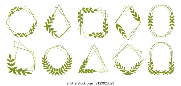 Natural gold frame leaf floral green silhouette set. Geometric vintage monogram signboard text decorative. Elegant underline spring heraldic pattern stroke decor postcard botanic symbol isolated