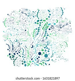 Natural graphic illustration with organic elements, of stylized mystical forest. Arty vector. Hand drawn delicate ornament in blue green tones. Ornate card design, art print, wallpaper, campaign motif