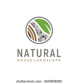 Natural Gravel Rock Stone Street With Green Plant Leaf And Wooden Trunk Wood For Nature Rural Landscape Logo Design