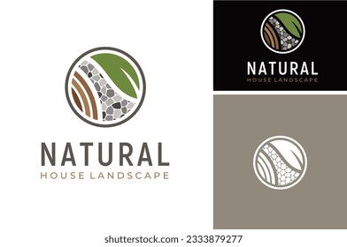 Natural Gravel Rock Stone Street with Green Plant Leaf and Wooden Trunk Wood for Nature Rural Landscape logo design