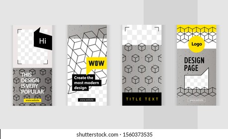 Natural gray concrete style with geometric curly backgrounds, isometric cube. Set templates for design of social networks, instagram story and print with windows for images. Delicate yellow colors.