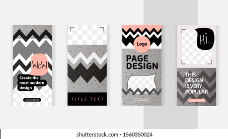 Natural gray concrete style with zigzag patterns. Set templates for design of social networks, instagram story and print with windows for images. Delicate pink colors.