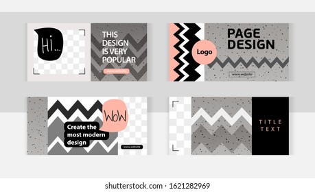 Natural gray concrete style with zigzag patterns. Background set horizontal banner templates with frame for images. Delicate pink colors.