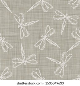 Natural Gray French Linen Texture Background. Old Ecru Flax Fibre Seamless Pattern printed with White Dragonfly. Organic Yarn Close Up Weave Fabric for Wallpaper, Cloth Packaging, Vector EPS10 