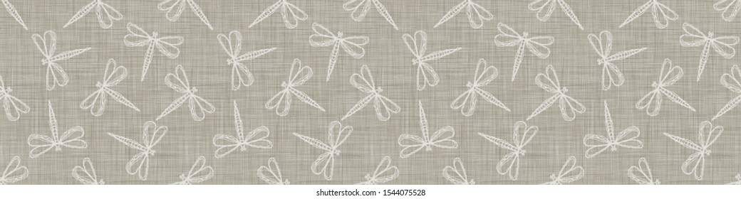 Natural Gray French Linen Texture Border Background. Old Ecru Flax Fibre Seamless Pattern printed with White Dragonfly. Organic Yarn Close Up Weave Fabric Ribbon Trim. Cloth Packaging, Vector EPS10

