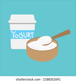 Natural Greek Yogurt In Bowl On Pale Blue Background, Front View, Copy Space. Fresh Homemade Organic Plain Yogurt Or Sour Cream.