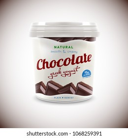 Natural Greek Yogurt Packaging Container Design. Illustration Of Zero Fat Healthy Dairy Beverage Product With Chopped Chocolate Pieces And Flavor