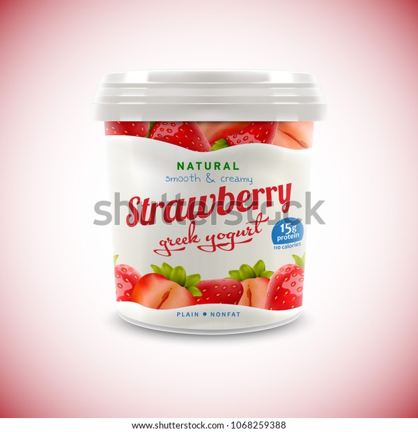 Natural Greek Yogurt packaging container design.
Illustration of zero fat healthy dairy beverage product with
strawberry topping, slices and
flavor