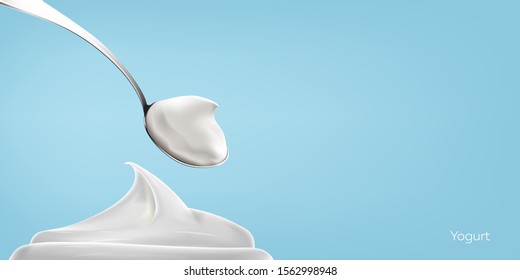 Natural greek yogurt in the spoon on bright blue background. Vector illustration for ads and promotion desing