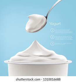 Natural Greek Yogurt In The Spoon Vector Illustration