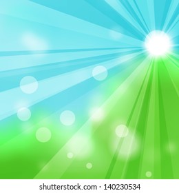 Natural green abstract background with the rays of the sun