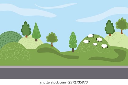 Natural green background with blue sky, meadow, road.