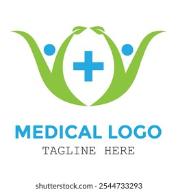 Um verde natural e azul saudável símbolo folha com um azul cruz logotipo design
