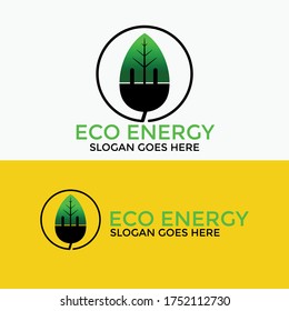 Natural green eco energy icon with electric plug, plant and leaf symbol. Vector illustration