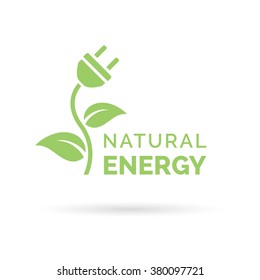 Natural green eco energy icon with electric plug, plant and leaf symbol. Vector illustration.