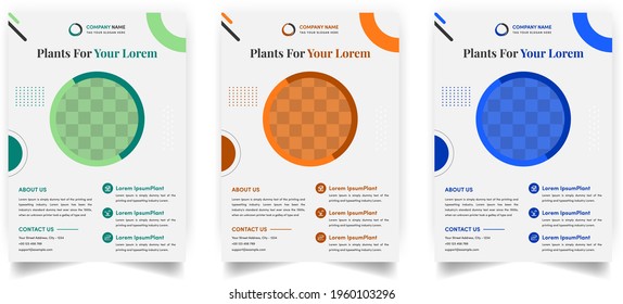 Natural Green Flyer Design. Vector eco Green, Orange, Blue flyer, poster, brochure, magazine cover template. Natural green leaf, environment flyer template