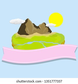 Natural green island with mountain. A place to relax in the ocean and the sea. Summer holiday. Pink ribbon template for text. The river, the sun and the landscape. Cartoon flat illustration. 