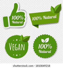 Natural Green Labels Set With Leaves Transparent Background With Gradient Mesh, Vector Illustration
