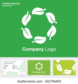 Natural green leaf company logo with business card design. Natural product symbol. Eco leaves icon. Editable EPS vector.