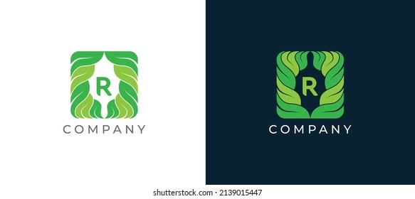 Natural Green Leaf Logo sign icon symbol Design with Letter R. Vector illustration logo template
