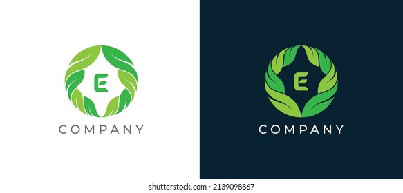 Natural Green Leaf Logo sign icon symbol Design with Letter E. Vector illustration logo template