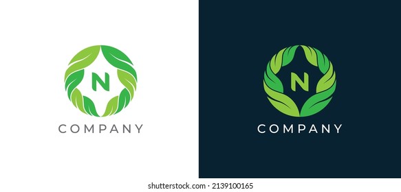 Natural Green Leaf Logo sign icon symbol Design with Letter N. Vector illustration logo template