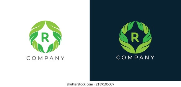 Natural Green Leaf Logo sign icon symbol Design with Letter R. Vector illustration logo template