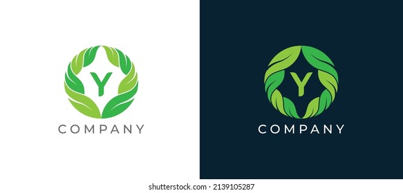 Natural Green Leaf Logo sign icon symbol Design with Letter Y. Vector illustration logo template