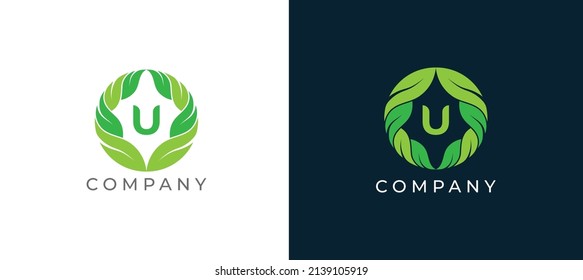 Natural Green Leaf Logo sign icon symbol Design with Letter U. Vector illustration logo template