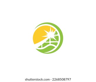 Natural Green Leaf Solar Panel Logo Design With Sun Symbol Modern Template Vector.