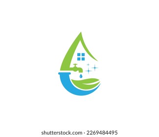 Natural Green Leaf Water Drop Plumb And House Cleaning Service Logo Design Symbol Modern Template Vector.