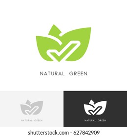 Natural green logo - leaves with check mark or tick symbol. Ecology, nature and selection vector icon.