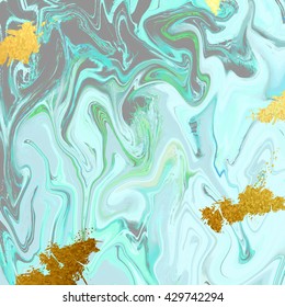 Natural green marble imitation texture. Trendy backdrop with blue and grey acrylic drips on white background. Paint waves and vortexes stone texture with glitter gold blots and dust.