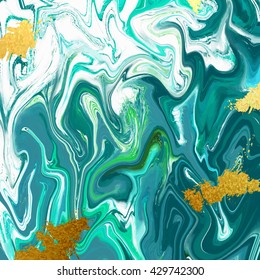 Natural green marble imitation texture. Trendy backdrop with blue and grey acrylic drips on white background. Paint waves and vortexes stone texture with glitter gold blots and dust.